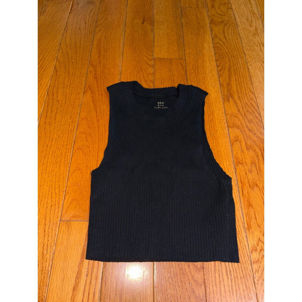 Aerie Black Ribbed Knit Cropped Tank Top Crew Neck XS Sleeveless Lettuce Edge